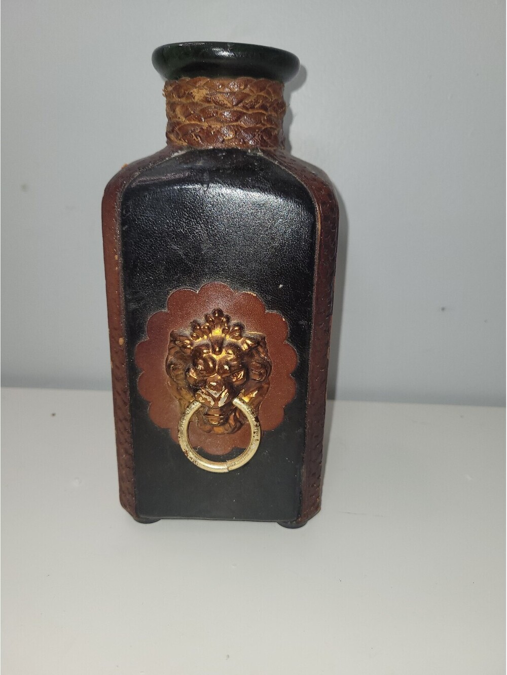 Vintage Leather Wrapped Bottle Vase Lion Ring Medallion Decor